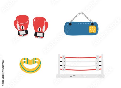 Boxing Training Equipment Flat Vector Illustration with Red Gloves Punching Bag Mouth Guard and Professional Boxing Ring Arena