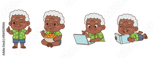 Senior African American Man Character Doing Different Daily Activities Like Eating Using Laptop Reading and Giving Thumbs Up