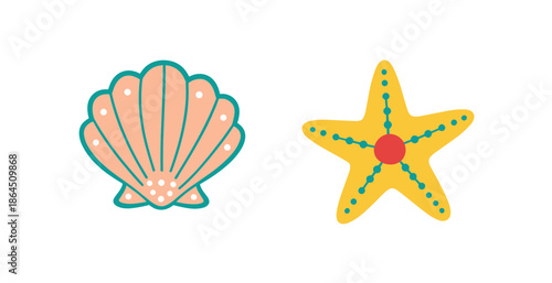 Marine Life Illustration Featuring a Pink Scallop Sea Shell and a Yellow Starfish with Teal Details for Summer Beach Decor