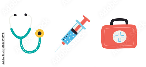 Medical Equipment Concept Set Featuring Stethoscope Syringe Needle and First Aid Kit Box for Healthcare and Hospital Use