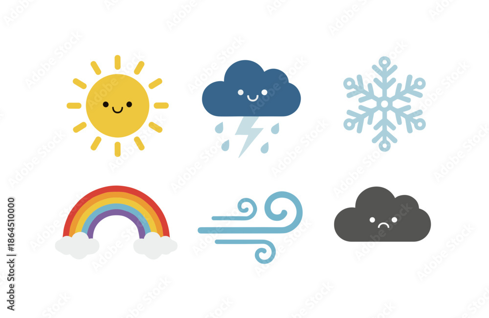 Obraz premium Cute Weather Icons Set Featuring Sun Rain Cloud Snow Rainbow Wind and Dark Cloud with Facial Expressions for Kids Design