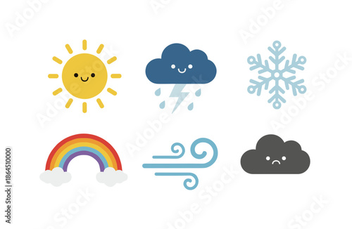 Cute Weather Icons Set Featuring Sun Rain Cloud Snow Rainbow Wind and Dark Cloud with Facial Expressions for Kids Design