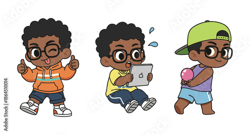 Little Boy Character Expressions Holding Digital Tablet and Playing with Balloon Showing Thumbs Up in Cartoon Vector Style