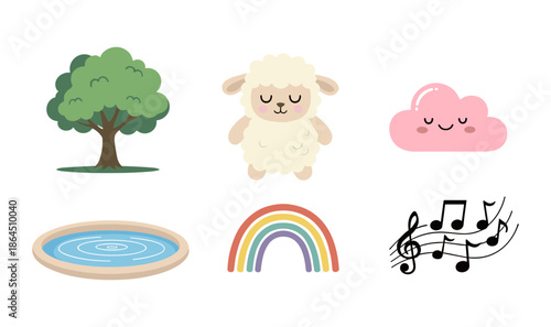 Sweet Bedtime and Nature Dreams Collection with Cute Sheep Fluffy Pink Cloud Tree Rainbow and Musical Notes Symbols