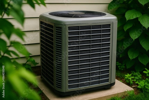 Modern residential air conditioning condenser unit situated outside next to home siding and lush foliage