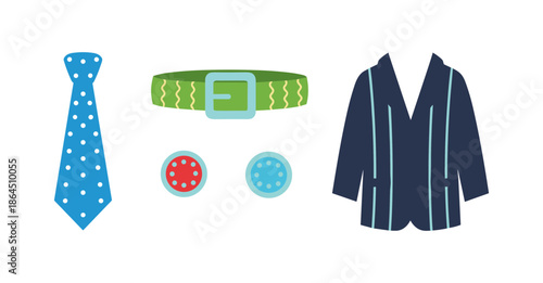 Formal Business Mens Fashion Accessories Set Featuring Polka Dot Necktie Green Belt Cufflinks and Dark Navy Blue Suit Jacket