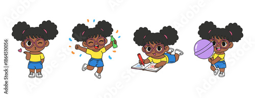 Cute African American Girl Character Set Showing Different Emotions and Activities Like Drawing Playing and Eating Lollipop