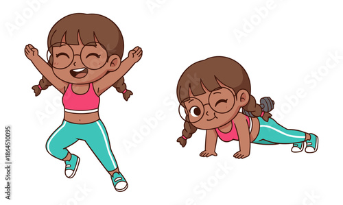 Cute Black Girl Cartoon Character Exercising Doing Jumping Jacks and Pushups Flat Vector Illustration Set on White Background