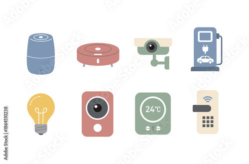 Smart Home Technology Icons Set Featuring Security Camera Robot Vacuum Cleaner Smart Light Bulb Digital Thermostat and Charging Station