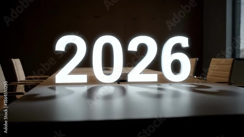 Glowing 2026 Year Numbers on a Dark Conference Table