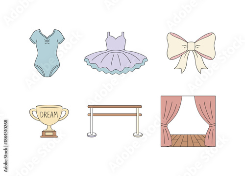 Ballet Dance and Performance Equipment Collection Featuring Tutu Leotard Trophy Ballet Barre and Stage Curtains for Theater Arts