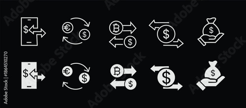 Money transfer icon set. Currency exchange and payment symbol. Vector illustration.