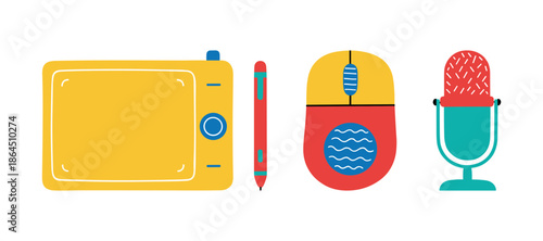 Digital Artist Tool Set Featuring Graphic Tablet Stylus Pen Computer Mouse and Studio Microphone for Creative Content Creation and Podcasting