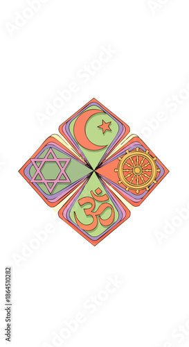 Diverse religious symbols representing different faiths arranged in a symmetrical pattern, symbolizing unity and spirituality.