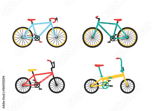 Various Bicycle Types Illustration Collection Featuring Road Bike Mountain Bike BMX and Folding Bike for Cycling Lifestyle and Transport