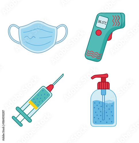 Medical and Health Protection Equipment Set Featuring Face Mask Infrared Thermometer Syringe and Hand Sanitizer Pump Bottle for Safety