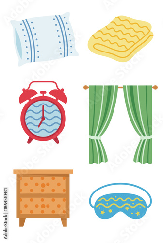 Bedroom and sleep accessories set including pillow blanket alarm clock curtains nightstand and blue sleeping eye mask