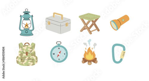 Outdoor camping and hiking gear set with lantern backpack compass campfire folding stool flashlight and climbing tool