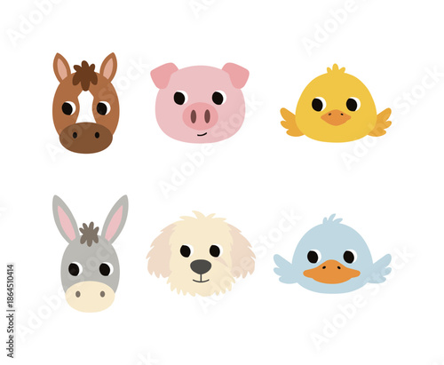 Cute farm animal faces set with horse pig chick donkey dog and duckling illustrations for children education and decor