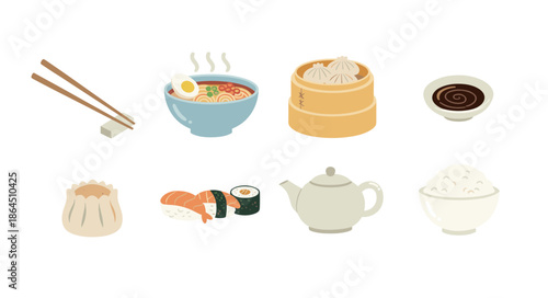 Traditional Asian Cuisine Set with Delicious Ramen Noodles Dim Sum Dumplings Sushi Rolls and Green Tea Icons Isolated on White