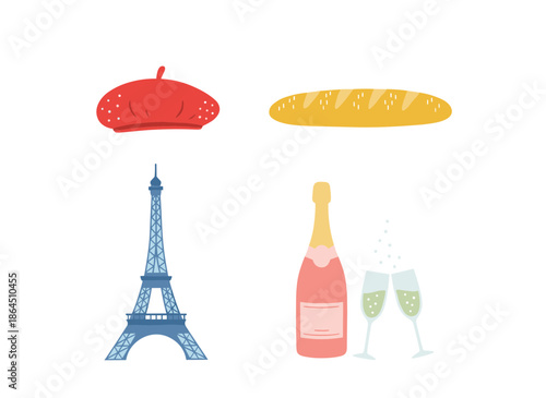 Romantic French Culture Symbols Featuring Eiffel Tower Beret Hat Baguette Bread and Pink Champagne with Glasses Greeting Card