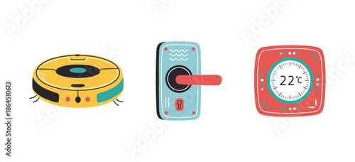 Smart home technology devices featuring autonomous robot vacuum cleaner electronic smart door lock and digital thermostat for temperature control