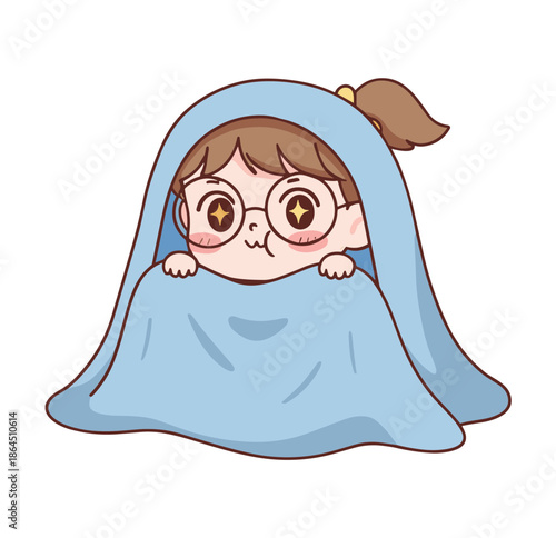 Cute cartoon girl with glasses and ponytail hiding under a large blue blanket with sparkling eyes and a cozy happy facial expression