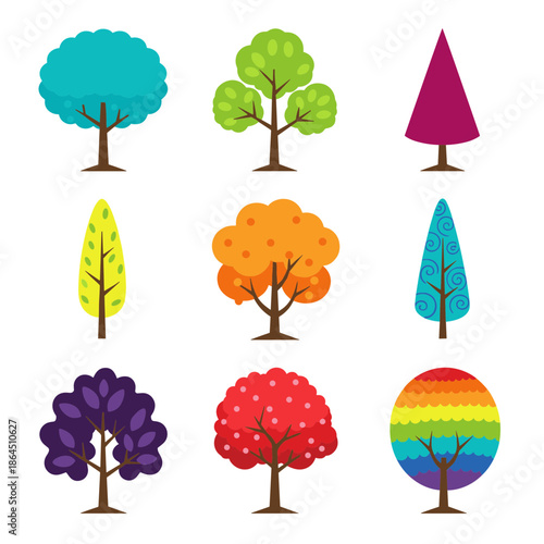Colorful stylized trees collection with various shapes and autumn colors including rainbow circular triangular and rounded canopy designs