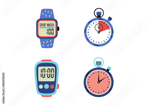 Time measurement devices set featuring blue sports digital watch classic stopwatch timer and analog wall clock with hour and minute hands