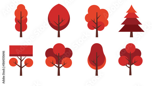 Collection of Abstract Red and Orange Autumn Tree Silhouettes with Various Shapes and Foliage Patterns for Fall Season Design