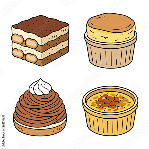 Delicious Dessert Collection Featuring Tiramisu Cake Souffle Mont Blanc and Creme Brulee Hand Drawn Vector Food Illustration Set