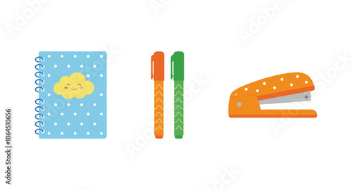School and Office Stationery Set Featuring Blue Polka Dot Notebook Orange and Green Markers and Stapler Vector Illustration
