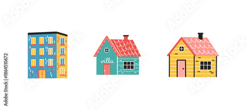 Colorful Residential Building Set Including Apartment Block and Suburban Houses with Villa Text for Real Estate Concept Design