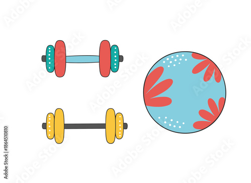 Fitness and exercise equipment set featuring colorful dumbbells and a patterned yoga pilates ball flat vector illustration