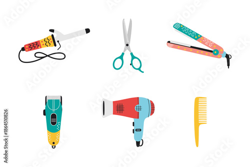 Hair Salon Professional Tools Set for Hairdressing and Styling Featuring Hairdryer, Scissors, Curling Iron, Trimmer and Comb Icons