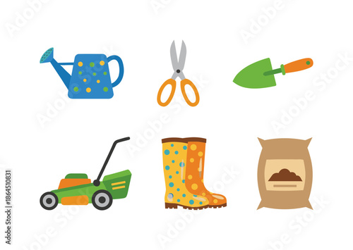 Garden Tools and Equipment Set for Outdoor Landscaping Featuring Watering Can, Lawn Mower, Boots, Shovel, Soil and Pruning Shears