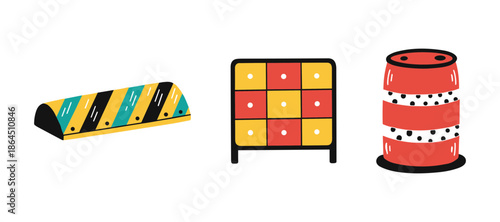Street Traffic Safety Equipment and Warehouse Storage Icons with Speed Bump, Colorful Cabinet and Warning Barrel Vector Illustration