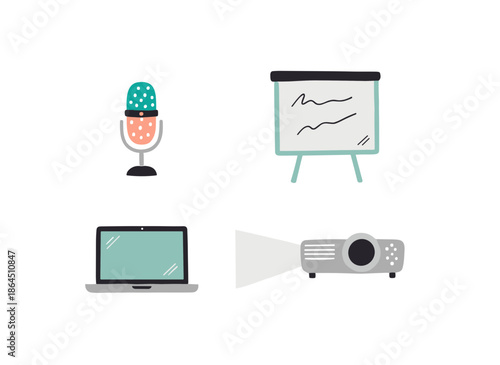 Office Presentation and Communication Equipment Set with Microphone, Whiteboard, Laptop and Digital Projector Vector Illustration