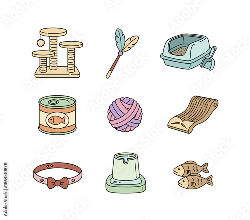 Cat Care Products and Pet Accessories Set Featuring Cat Tree, Litter Box, Food Can, Toy Ball, Bowl, Collar and Scratching Post Icons