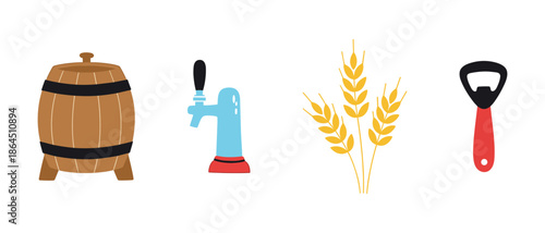 Craft beer brewing industry elements with wooden barrel tap golden wheat ears and red bottle opener icons vector set