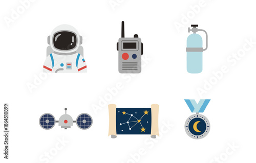 Astronaut equipment and space exploration icons set with spacesuit helmet radio oxygen tank satellite and star map vector