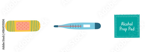 Essential First Aid Medical Supplies Kit with Adhesive Bandage Digital Thermometer and Alcohol Prep Pad Packet for Healthcare Design
