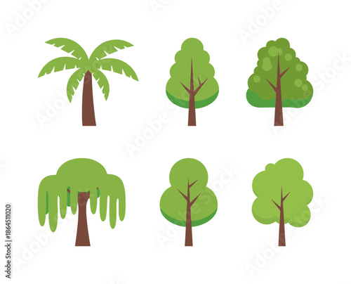 Collection of Various Green Tree Species Icons Including Palm Willow and Deciduous Trees for Environment and Landscape Design