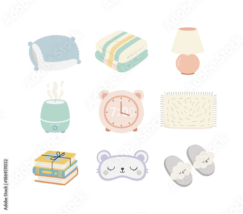 Cozy Bedroom Sleep Accessories Set with Pillow Blankets Lamp Humidifier Alarm Clock Rug Books Sleeping Mask and Slippers Icons