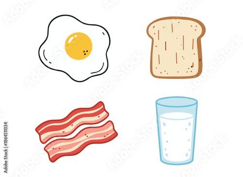 Classic Breakfast Food Icons Set with Fried Egg Sunny Side Up Toasted Bread Crispy Bacon Strips and Glass of Fresh Milk for Menu