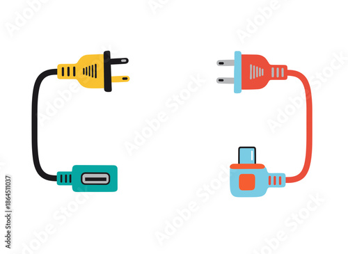 Electric Power Plug and Cable Connector Types Set Including Standard Wall Plug and USB Type C Port for Technology and Energy Design