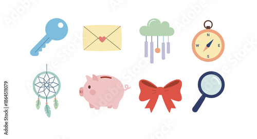 Daily objects and symbols collection set with key envelope wind chime compass dreamcatcher piggy bank red bow and magnifier