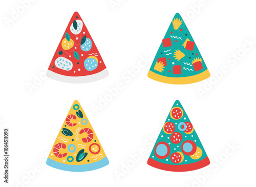 Assorted pizza slices set with various toppings including pepperoni seafood vegetables and mushrooms for fast food menu design