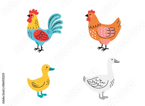 Cute Cartoon Farm Birds Collection Featuring Rooster Hen Duck and Goose Isolated on White Background for Children Education and Design