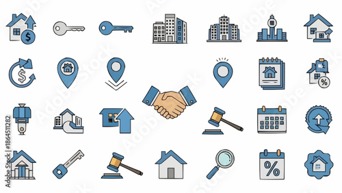 Real Estate Icons - Handshake, Keys, Buildings, and More.